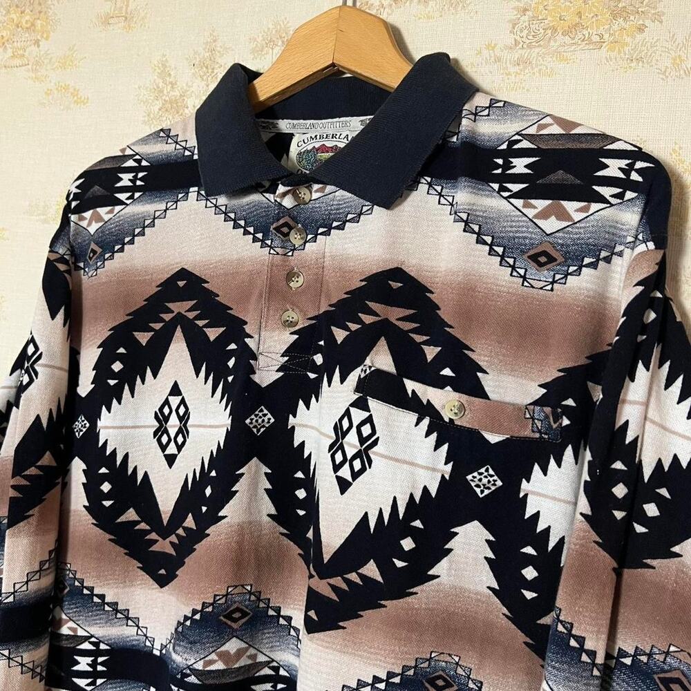 Vintage 90s Southwestern Longsleeve Polo | Geometric Print | Oversized Size M